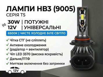 Лампа LED HB3 (9005), діод 3570/12V, 30 W, 6500 K/тип охолодження-радіатор +вентилятор "T5" 50876 фото