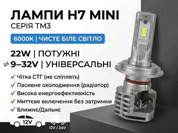 Лампа LED H7 mini, діод 1860/9-32V, 22W, 6000K/тип охолодження &mdash;радіатор "TM3" 50885 фото